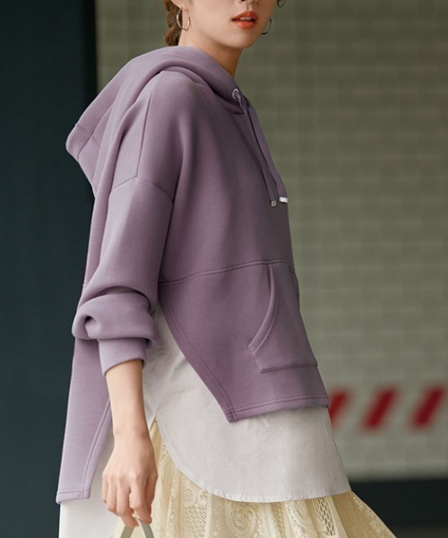 GeeRA(ジーラ)の「シャツレイヤード風ダンボールパーカー(パーカー・レディース・パープル/チャコール・MEDIUM/LARGE/X-LARGE)」の1枚目の写真