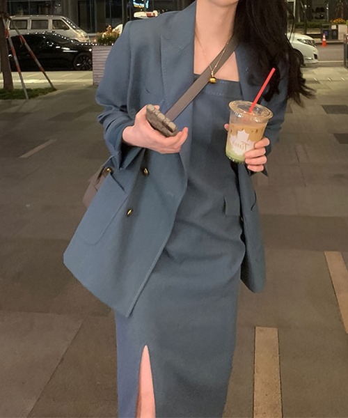 Doula Doula（ドゥーラドゥーラ）の「ジャンパースカート＋ステッチジャケットセットアップ(ジャケット＋ワンピース)（セットアップ・レディース・ベージュ/ブルー/ブラック/グレー・FREE）」の6枚目の写真