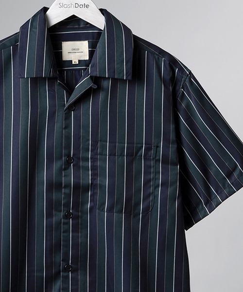 SlashDate（スラッシュデイト）の「ストライプオープンカラー半袖シャツ（シャツ/ブラウス・メンズ・ワインレッド/ホワイト/ブラック/ネイビー/グリーン・M/XL/L）」の4枚目の写真