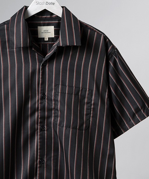 SlashDate（スラッシュデイト）の「ストライプオープンカラー半袖シャツ（シャツ/ブラウス・メンズ・ワインレッド/ホワイト/ブラック/ネイビー/グリーン・M/XL/L）」の3枚目の写真