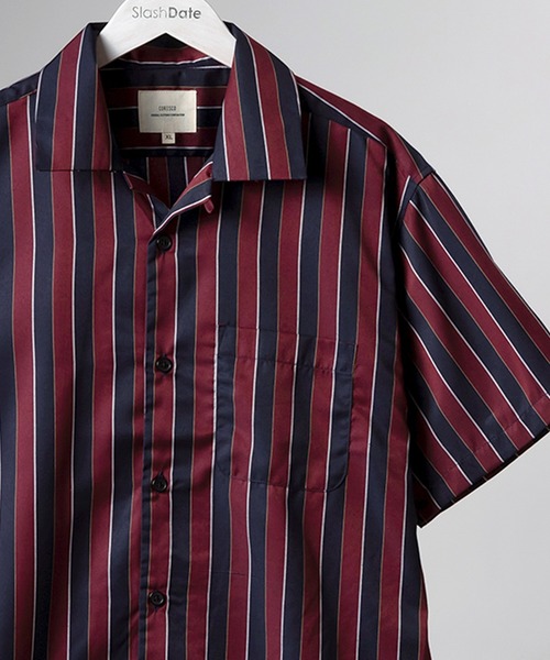 SlashDate（スラッシュデイト）の「ストライプオープンカラー半袖シャツ（シャツ/ブラウス・メンズ・ワインレッド/ホワイト/ブラック/ネイビー/グリーン・M/XL/L）」の5枚目の写真