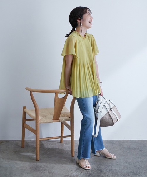 【新色追加】【洗濯機可】ドット＆無地シフォンバックリボンブプリーツブラウス【sustainable】