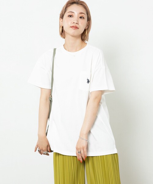 FREAK'S STORE（フリークスストア）の「▽【WEB限定】U.S.POLO ASSN./ユーエスポロアッスン　別注胸刺繍ポケットTシャツ（Tシャツ/カットソー・レディース・ホワイト/ブラック/ベージュ/ネイビー/グリーン/ラベンダー/ブルーグリーン/ネイビー系/ネイビー×ホワイト/ブラック×ベージュ・ﾌﾘ-）」の2枚目の写真
