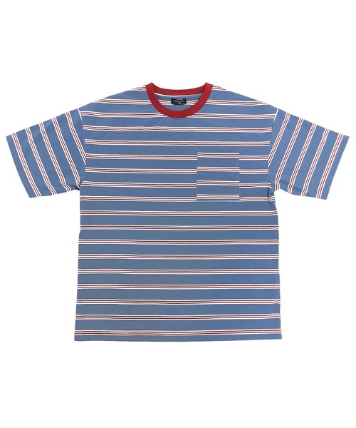 GLAZOS(グラソス)の「天竺・ドロップショルダーBIGサイズマルチボーダーポケット半袖Tシャツ(Tシャツ/カットソー・キッズ・ライトブルー/ブルー/ライトグリーン/マスタード・130cm/140cm/150cm/160cm/170cm)」の3枚目の写真