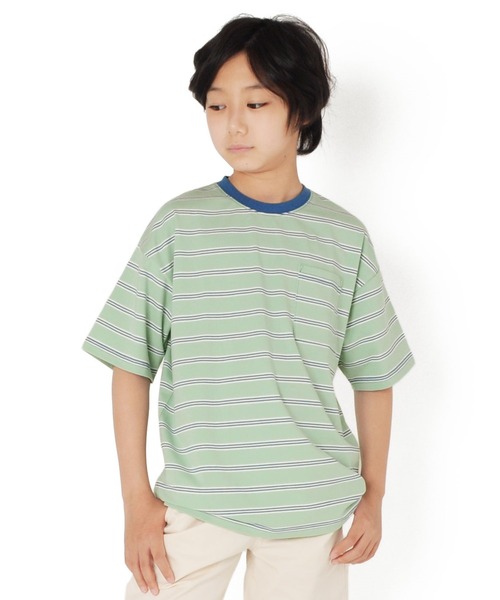 GLAZOS(グラソス)の「天竺・ドロップショルダーBIGサイズマルチボーダーポケット半袖Tシャツ(Tシャツ/カットソー・キッズ・ライトブルー/ブルー/ライトグリーン/マスタード・130cm/140cm/150cm/160cm/170cm)」の1枚目の写真