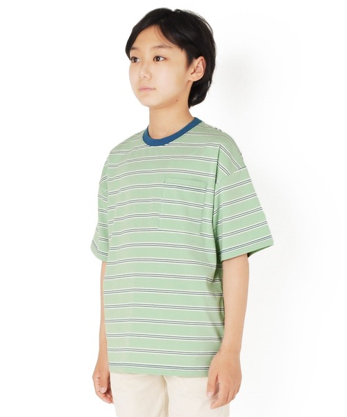 GLAZOS(グラソス)の「天竺・ドロップショルダーBIGサイズマルチボーダーポケット半袖Tシャツ(Tシャツ/カットソー・キッズ・ライトブルー/ブルー/ライトグリーン/マスタード・130cm/140cm/150cm/160cm/170cm)」の7枚目の写真