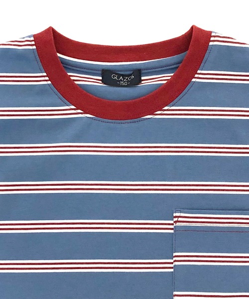 GLAZOS(グラソス)の「天竺・ドロップショルダーBIGサイズマルチボーダーポケット半袖Tシャツ(Tシャツ/カットソー・キッズ・ライトブルー/ブルー/ライトグリーン/マスタード・130cm/140cm/150cm/160cm/170cm)」の9枚目の写真