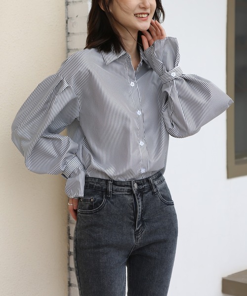 MAISON DE THERESE（メゾン ド テレーズ）の「細ストライプシャツブラウス ボリュームスリーブストライプシャツ（シャツ/ブラウス・レディース・ブルー/ブラック・MEDIUM/SMALL/LARGE）」の20枚目の写真