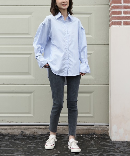 MAISON DE THERESE（メゾン ド テレーズ）の「細ストライプシャツブラウス ボリュームスリーブストライプシャツ（シャツ/ブラウス・レディース・ブルー/ブラック・MEDIUM/SMALL/LARGE）」の15枚目の写真