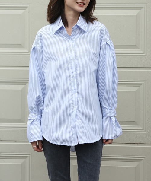 MAISON DE THERESE（メゾン ド テレーズ）の「細ストライプシャツブラウス ボリュームスリーブストライプシャツ（シャツ/ブラウス・レディース・ブルー/ブラック・MEDIUM/SMALL/LARGE）」の14枚目の写真