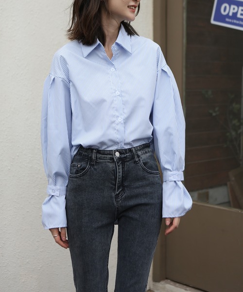 MAISON DE THERESE（メゾン ド テレーズ）の「細ストライプシャツブラウス ボリュームスリーブストライプシャツ（シャツ/ブラウス・レディース・ブルー/ブラック・MEDIUM/SMALL/LARGE）」の7枚目の写真