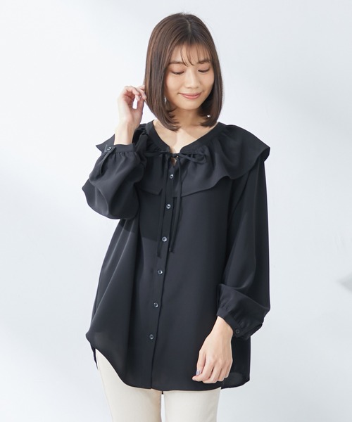 Honeys（ハニーズ）の「衿フリルブラウス（シャツ/ブラウス・レディース・ホワイト系その他/ブラック系その他/パープル系その他/ブラック/アイボリー・L/M/S）」の4枚目の写真