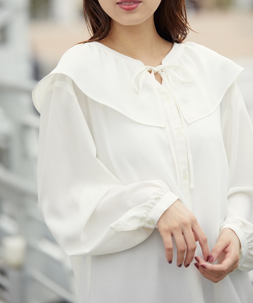 Honeys（ハニーズ）の「衿フリルブラウス（シャツ/ブラウス・レディース・ホワイト系その他/ブラック系その他/パープル系その他/ブラック/アイボリー・L/M/S）」の16枚目の写真