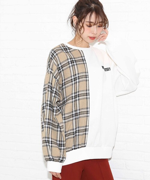 Cutie Blonde（キューティーブロンド）の「◆チェック切替ゆるっとスウェット（スウェット・レディース・ブラウン系その他/オフホワイト/ブラック・00）」の2枚目の写真