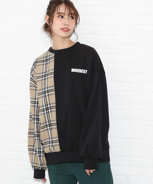 Cutie Blonde（キューティーブロンド）の「◆チェック切替ゆるっとスウェット（スウェット・レディース・ブラウン系その他/オフホワイト/ブラック・00）」の3枚目の写真