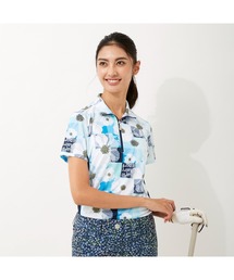 marie claire/マリクレール 大花柄 ジップハイネック半袖シャツ 吸汗速乾 UVカット ゴルフウェア