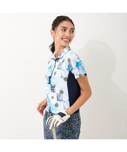 marie claire(マリ・クレール)の「marie claire/マリクレール 大花柄 ジップハイネック半袖シャツ 吸汗速乾 UVカット ゴルフウェア(シャツ/ブラウス・レディース・ネイビー/レッド・M/LL/L/3L)」の5枚目の写真