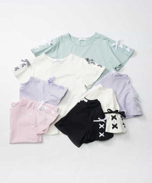 a.v.v（アーヴェヴェ）の「[140-150]レースアップリボンスリーブTシャツ（Tシャツ/カットソー・キッズ・ブラック/アイボリー/ライトパープル/ライトピンク/ミント/ホワイト/パープル・140/150）」の5枚目の写真