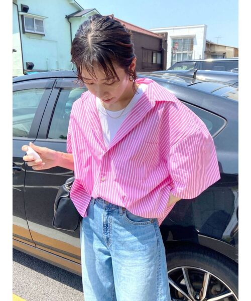 Ungrid(アングリッド)の「ビッグハーフスリーブストライプシャツ(シャツ/ブラウス・レディース・ピンク/ブルー・FREE)」の10枚目の写真