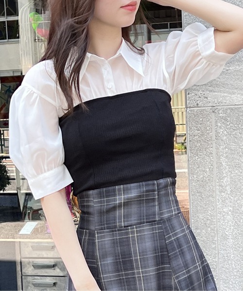 NOMAE（ノーマエ）の「リブビスチェレイヤードトップス（Tシャツ/カットソー・レディース・ブラック/ベージュ/ライトグリーン・FREE）」の2枚目の写真