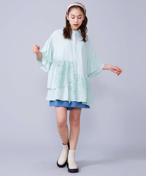 MILKFED.(ミルクフェド)の「LACE RUFFLE TUNIC(チュニック・レディース・ライトグリーン/ブラック/ホワイト・ONE SIZE)」の1枚目の写真
