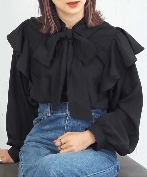 tiptop（ティップトップ）の「ラッフルボウタイブラウス（シャツ/ブラウス・レディース・ブラック/オフホワイト・FREE）」の2枚目の写真