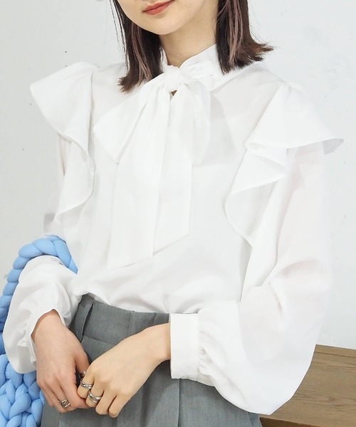 tiptop（ティップトップ）の「ラッフルボウタイブラウス（シャツ/ブラウス・レディース・ブラック/オフホワイト・FREE）」の8枚目の写真