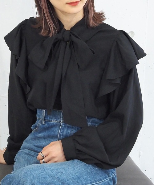 tiptop（ティップトップ）の「ラッフルボウタイブラウス（シャツ/ブラウス・レディース・ブラック/オフホワイト・FREE）」の10枚目の写真