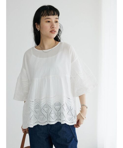 CRAFT STANDARD BOUTIQUE(クラフトスタンダードブティック)の「インドコットンアイレット刺繍バルーンスリーブブラウス(シャツ/ブラウス・レディース・オフホワイト/グリーン/ブラック・FREE)」の4枚目の写真