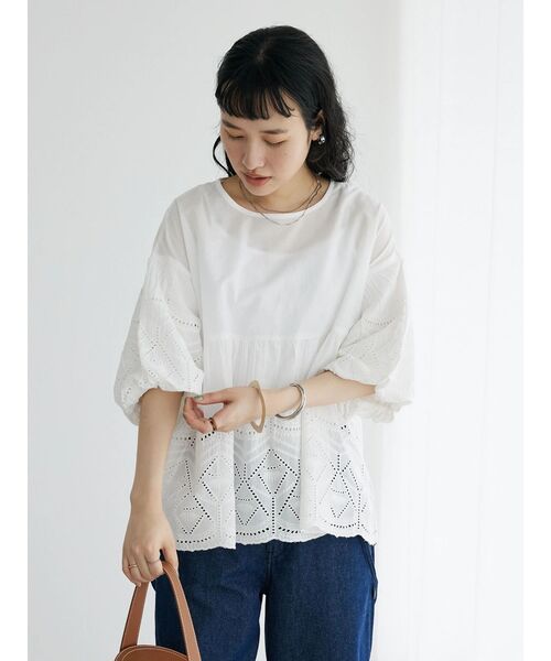 CRAFT STANDARD BOUTIQUE(クラフトスタンダードブティック)の「インドコットンアイレット刺繍バルーンスリーブブラウス(シャツ/ブラウス・レディース・オフホワイト/グリーン/ブラック・FREE)」の5枚目の写真