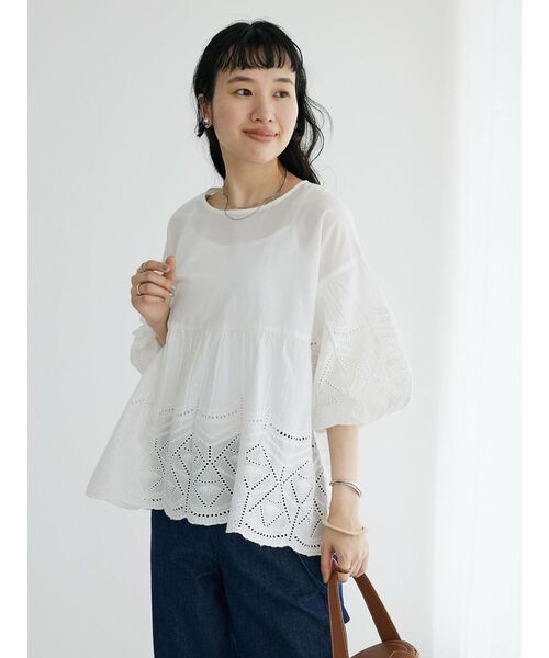 CRAFT STANDARD BOUTIQUE(クラフトスタンダードブティック)の「インドコットンアイレット刺繍バルーンスリーブブラウス(シャツ/ブラウス・レディース・オフホワイト/グリーン/ブラック・FREE)」の6枚目の写真