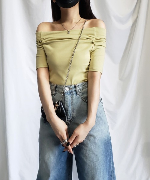 me+em select tシャツ 「 6color 」オフショルギャザリング半袖