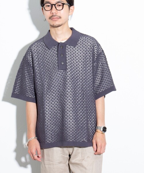 GLOSTER（グロスター）の「【GLOSTER/グロスター】ニットポロ クロシェ編み クロシェポロシャツ（ポロシャツ・メンズ・チャコールグレー/グリーン/ネイビー/キナリ・M/L）」の3枚目の写真