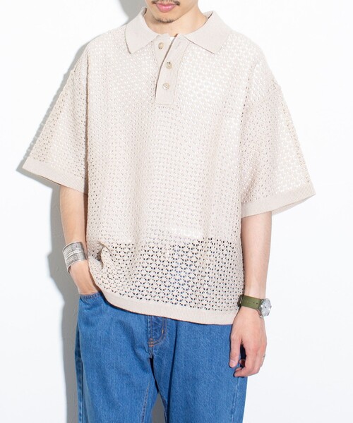 GLOSTER（グロスター）の「【GLOSTER/グロスター】ニットポロ クロシェ編み クロシェポロシャツ（ポロシャツ・メンズ・チャコールグレー/グリーン/ネイビー/キナリ・M/L）」の2枚目の写真