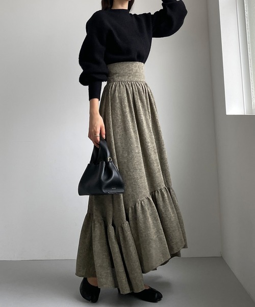 Louere（ルエレ）の「ツイード裾フレアスカート（スカート・レディース・オフホワイト/ブラウン/ブラック/グレー/ライトベージュ・SMALL/X-LARGE/MEDIUM/LARGE）」の16枚目の写真