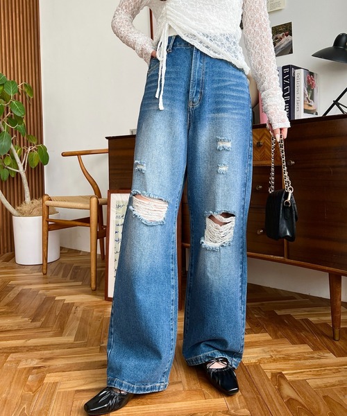 moment+(モーメントプラス)の「クラッシュダメージデニムパンツ(デニムパンツ・レディース・ブラック系その他/サックスブルー/ブルー・S/M/L)」の18枚目の写真