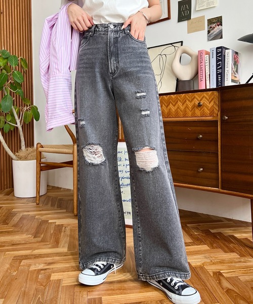 セール】クラッシュダメージデニムパンツ（デニムパンツ）｜moment+