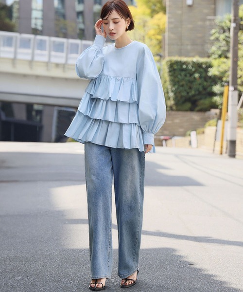 セール】【綿100％使用】ボリューム袖3段フリルティアードブラウス