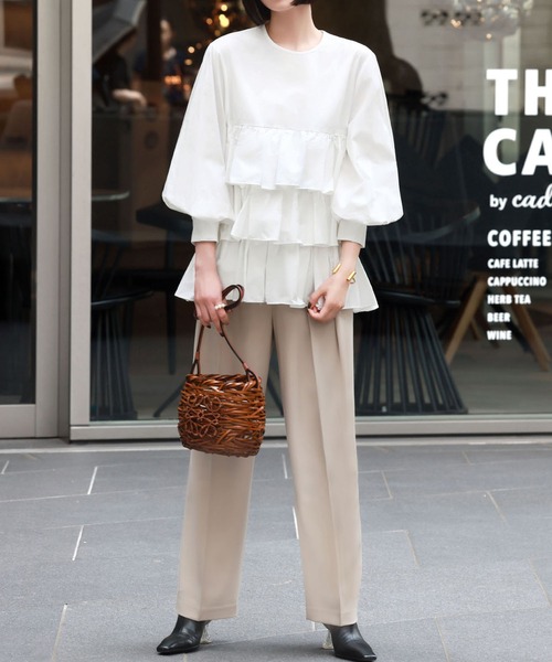 セール】【綿100％使用】ボリューム袖3段フリルティアードブラウス