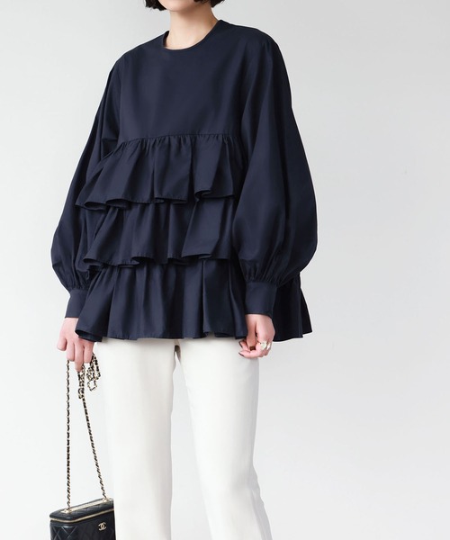 セール】【綿100％使用】ボリューム袖3段フリルティアードブラウス