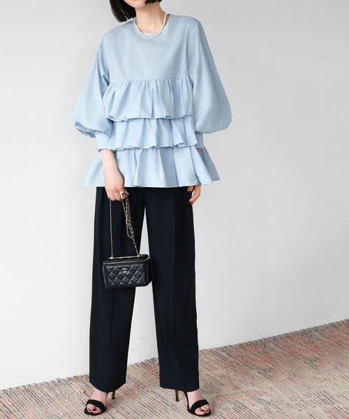 セール】【綿100％使用】ボリューム袖3段フリルティアードブラウス