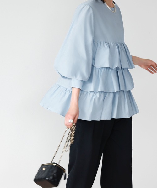 セール】【綿100％使用】ボリューム袖3段フリルティアードブラウス