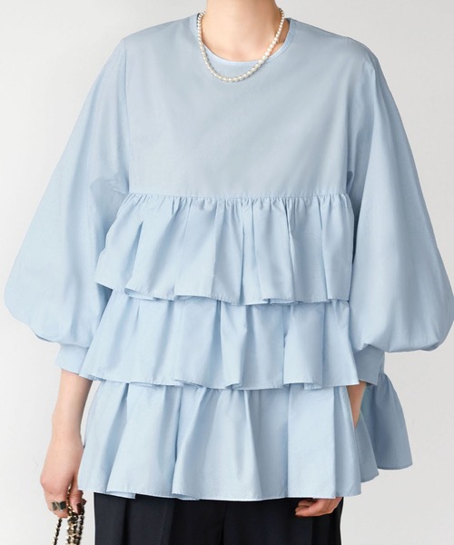 セール】【綿100％使用】ボリューム袖3段フリルティアードブラウス