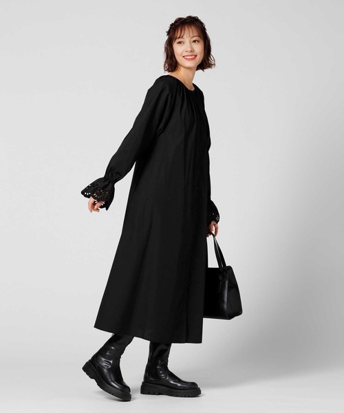 HONEYSUCKLE ROSE（ハニーサックルローズ）の「【HONEYSUCKLE ROSE】袖ギャザー長袖ワンピース（シャツワンピース・レディース・ブラック/グリーン・M-L）」の8枚目の写真