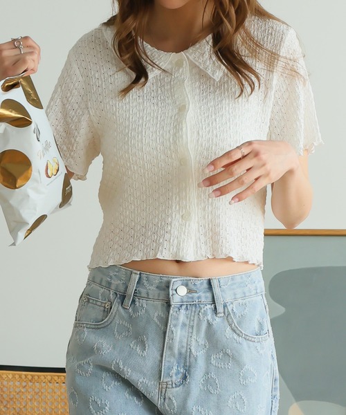 Girly Doll（ガーリードール）の「ポコポコワッシャー半袖メローシャツカーデ（カーディガン/ボレロ・レディース・アイボリー/ブラック/ナチュラル・F）」の4枚目の写真