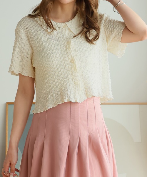 Girly Doll（ガーリードール）の「ポコポコワッシャー半袖メローシャツカーデ（カーディガン/ボレロ・レディース・アイボリー/ブラック/ナチュラル・F）」の13枚目の写真