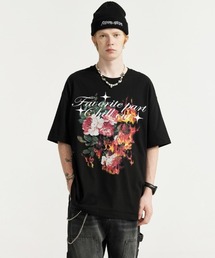 オーバーサイズ メッセージ&ファイヤーフラワーグラフィックプリントTシャツ