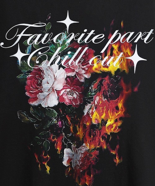 Ressaca(レサーカ)の「オーバーサイズ メッセージ&ファイヤーフラワーグラフィックプリントTシャツ(Tシャツ/カットソー・メンズ・ブラック/ホワイト・XL/L/M)」の5枚目の写真