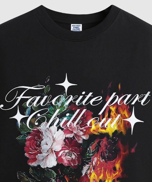 Ressaca(レサーカ)の「オーバーサイズ メッセージ&ファイヤーフラワーグラフィックプリントTシャツ(Tシャツ/カットソー・メンズ・ブラック/ホワイト・XL/L/M)」の4枚目の写真