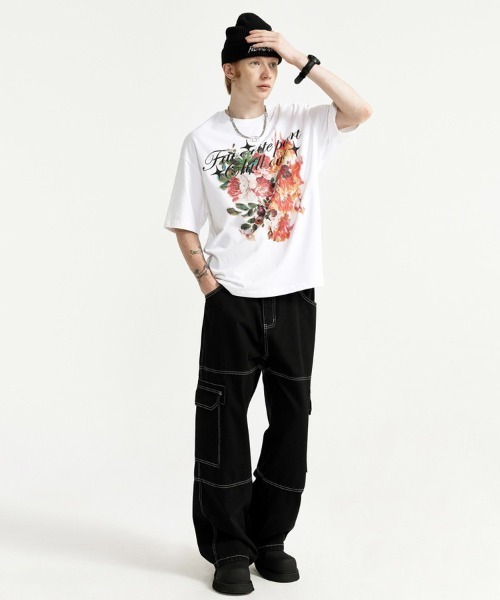 Ressaca(レサーカ)の「オーバーサイズ メッセージ&ファイヤーフラワーグラフィックプリントTシャツ(Tシャツ/カットソー・メンズ・ブラック/ホワイト・XL/L/M)」の11枚目の写真